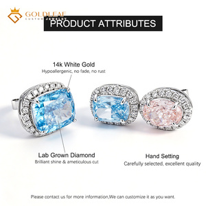 Boucles d'oreilles clous ovales roses longues en or 14 carats avec diamant fantaisie bleu de 2 carats, idéales pour offrir, mariage, usage quotidien - Product Image 5