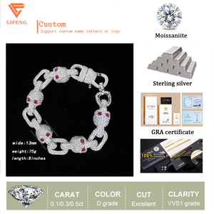 패스 다이아몬드 테스터 전체 아이스 아웃 S925 스털링 실버 13MM 빨간 눈 남성용 모이사나이트 해골 팔찌 쿠바 팔찌 - Product Image 5