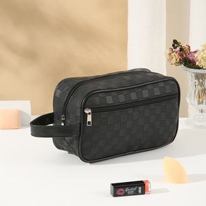 Grid Leather Zipper <b>Pouch</b> Shaving Dopp Kit <b>Mens</b> Travel Toiletry <b>Bag</b> PU Business Cosmetic <b>Bag</b> A-2657 - Product Image 4