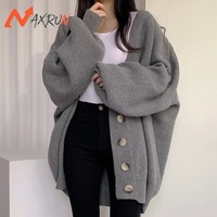 Nouvelle collection Printemps 2024 : Cardigan long en maille style coréen, col en V, grande taille, manches lanternes, coupe ample, imprimé tendance pour femme