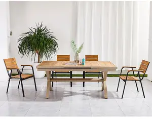 Muebles de plástico para exteriores, mobiliario comercial de madera, 6 sillas y 1 mesa, venta al por mayor