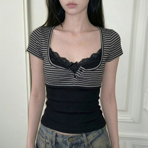 Ensemble deux pièces haut et gilet boutonné à imprimé rayé, avec garniture en dentelle, sans manches, style Y2K, décontracté, rétro, polyvalent, tenue d'été pour femme - Product Image 2