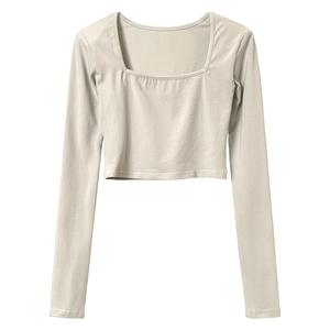 <span class=keywords><strong>Camiseta</strong></span> de manga larga con almohadilla de hombro corta informal para mujer Nuevo diseño de cuello cuadrado sexy Delgado - Product Image 5