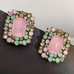 2023 New Arrival Fashion Jewelry Vintage Colorful Artificial Gemstone Sparkling Diamond Square Earrings Pink Crystal Earrings