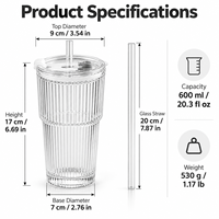 Gobelet en verre de 600 ml avec paille et couvercle, transparent, à nervures, pour café et boissons froides, vente en gros, logo personnalisé