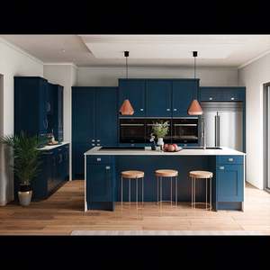 Gabinetes de Cocina Modernos de Laca Nueva de Fábrica, Diseño Azul Shaker, Armario de Cocina de Madera con Isla de Cocina - Product Image 2