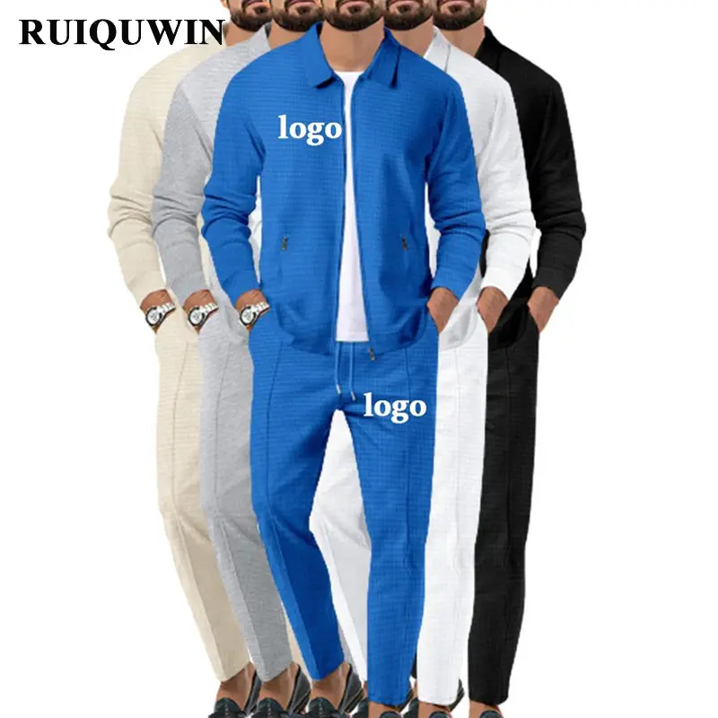 RUIQUWIN vente en gros cardigan mince à revers avec poche gaufrée veste à fermeture éclair à manches longues à la mode survêtement hommes ensemble 2 pièces