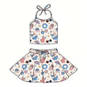 Conjunto Personalizado para Niñas del 4 de Julio, Top Halter con Lazos Rojos, Azules y Blancos y Falda, Ropa de Boutique para Niñas del 4 de Julio - Product Image 3