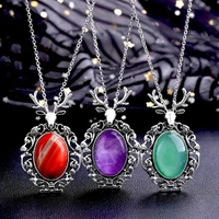 Colgante de alce de piedra de Aventurina Natural, cristal curativo, amatista, cabujón ovalado, cuenta Vintage, ciervo Sika, collar con colgante de cuerda negra