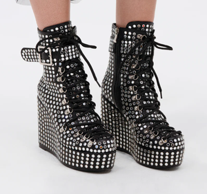 <span class=keywords><strong>Stivaletti</strong></span> da Donna Neri con Strass <span class=keywords><strong>e</strong></span> Plateau, Allacciatura con Fibbia, Stile Punk con <span class=keywords><strong>Borchie</strong></span>, Scarpe da Festa - Product Image 2
