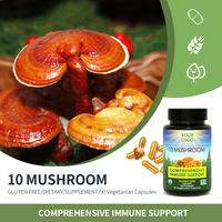 Poudre complexe 10 en 1 de champignons Reishi, Crinière de lion, Chaga, Cordyceps, Turkey Tail, Maitake, Capsules végétariennes rouges 500mg