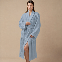 Peignoir en tissu éponge de coton bleu ciel, col châle, très absorbant et respirant, pour chaînes hôtelières et saunas, unisexe, avec ceinture, commande en gros