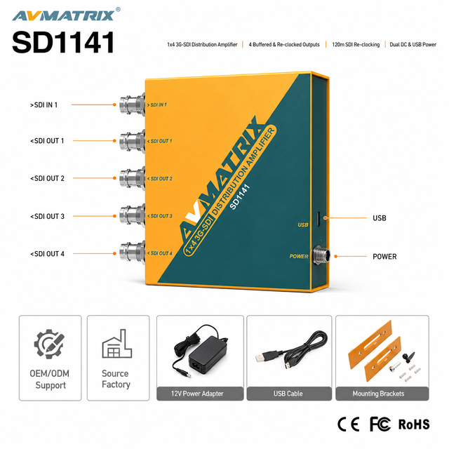 AVMATRIX SD1141 1x4 3G-SDI Reclocking Distribution Amplifier SDI Splitter ASI Support for Live Stream Broadcast Church