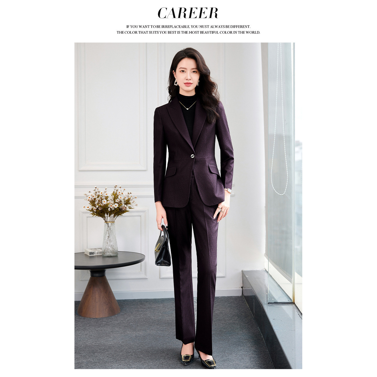 Burgundy suit with flared trousers