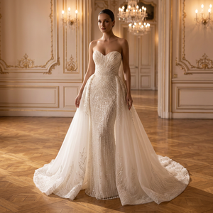 Robe de mariée moderne sans bretelles, sans manches, coupe trapèze, grande taille, ornée de perles, broderie de cristaux, jupe en satin drapée, taille naturelle - Product Image 6