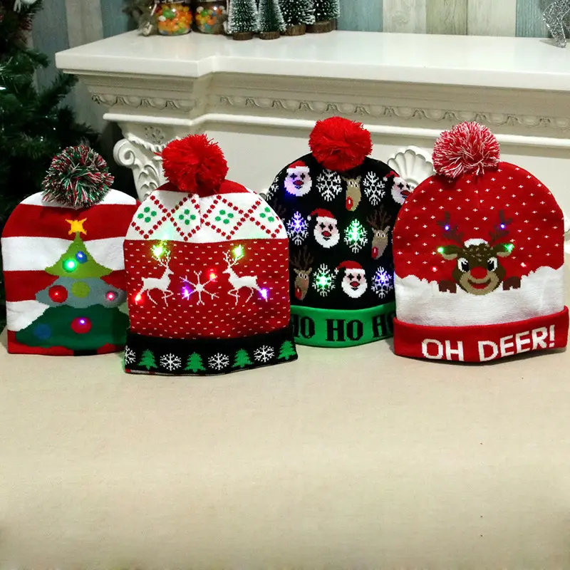 Chapeau tricoté en laine avec lumière pour enfant, sous forme d'arbre de neige, multicolore, amusant, pour noël, avec lumière, nouveauté 2019