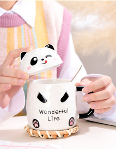 แก้วเซรามิครูปแพนด้าน่ารัก ขนาด 13 ออนซ์ สำหรับเด็ก ชุดแก้วกาแฟเซรามิคพร้อมฝาและช้อน - Product Image 2