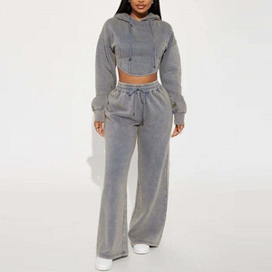 Conjunto Deportivo de Felpa Francesa 100% Algodón, Estilo Desgastado con Lavado Ácido, Sudadera Corta con Capucha para Mujer - Product Image 1