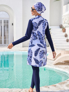 Cobertura Completa Modesto Impresso Mulheres Muçulmano Swimwear Feminino Islâmico Tamanho M-4XL <span class=keywords><strong>Beachwear</strong></span> 4pcs com Hijab Top Pant Cover - Product Image 4