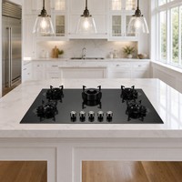 Cuisinière à gaz domestique à 5 brûleurs à flamme haute avec couvercle rabattable, panneau en verre trempé facile à nettoyer et sécurisé