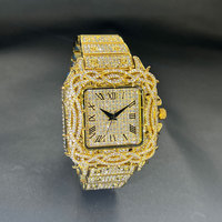 Jam Tangan Pria Fashion Mewah Emas Persegi Berlian Full Sky Star Jam Tangan Pria Model Baru Skeleton Bunga Quartz 2025