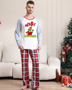 Cartoon Grinch Christmas Loungewear Sleep Suit pour les femmes Wholesale Summer Collection-White Printed Top Red Plaid Pants Pajamas - Product Image 3