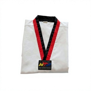 Uniforme de Taekwondo Ligero de Polialgodón para Niños, Dobok Transpirable con Cuello en V en Rojo y Negro, Venta al Por Mayor de Fábrica - Product Image 5