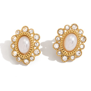 Flower <b>Stud</b> <b>Earrings</b> Gold Pearl <b>Crystal</b> Bezel Setting Party Jewelry - Product Image 5