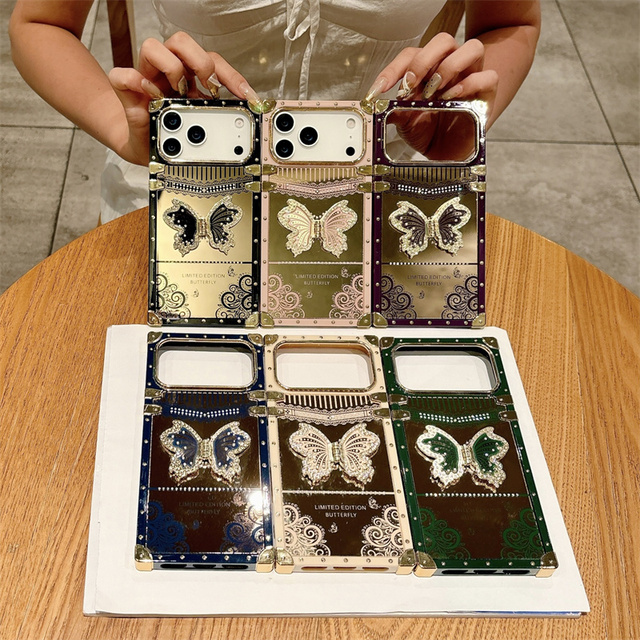 Luxurious High-end square butterfly Stand Suitable for IPhone17Promax Electroplated Phone Cases for Apple 16 Hard 15 14 13 12