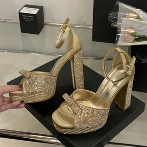 Summer Black Open Toe Women's Bringbring Party High Heels High Quality Gold Black Elegant Charming Chunky Heel High Heel <b>Sandals</b> - Product Image 2