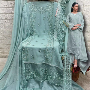 Elegante Nazmeen Vestidos casuales Conjunto Georgette Tela con diamantes de imitación Lentejuelas Diamante Acentos Dupatta Santoon Bottom Inner - Product Image 1