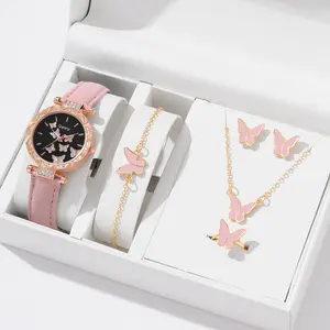 Hifive 5pcs womens đồng hồ thời trang với Vòng đeo tay thiết lập quà tặng cho phụ nữ thanh lịch đồng hồ đeo tay bướm Vòng cổ bông tai trang sức thiết lập