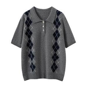 Suéter <span class=keywords><strong>de</strong></span> Cachemira con Cuello Polo <span class=keywords><strong>para</strong></span> <span class=keywords><strong>Mujer</strong></span>, Suéter <span class=keywords><strong>de</strong></span> Manga Corta <span class=keywords><strong>de</strong></span> Cachemira Jacquard con Detalle <span class=keywords><strong>de</strong></span> <span class=keywords><strong>Rombos</strong></span> <span class=keywords><strong>de</strong></span> Alta Calidad, Novedad <span class=keywords><strong>de</strong></span> Primavera - Product Image 4