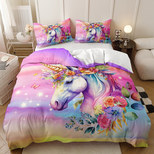 Juego de cama de poliéster personalizable para dormitorio Juego de funda nórdica 3D Unicorn Girls - Product Image 3