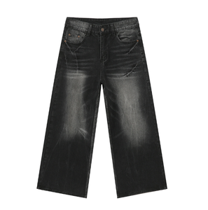 Jeans noirs et gris amples à coupe droite pour hommes, tendance - Product Image 1