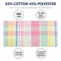Tissu en crêpe seersucker à carreaux teint en fil, 55% coton 45% polyester, 100 g/m², 57/58 pouces, pour robes, chemisiers, doublures et accessoires pour femmes