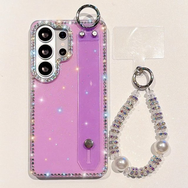 Bling Glitter Bracket Phone Case for Samsung Galaxy S26 Ultra S25 Plus S24 Girls' Shinny Wristband Holder Phone Cover with Chain