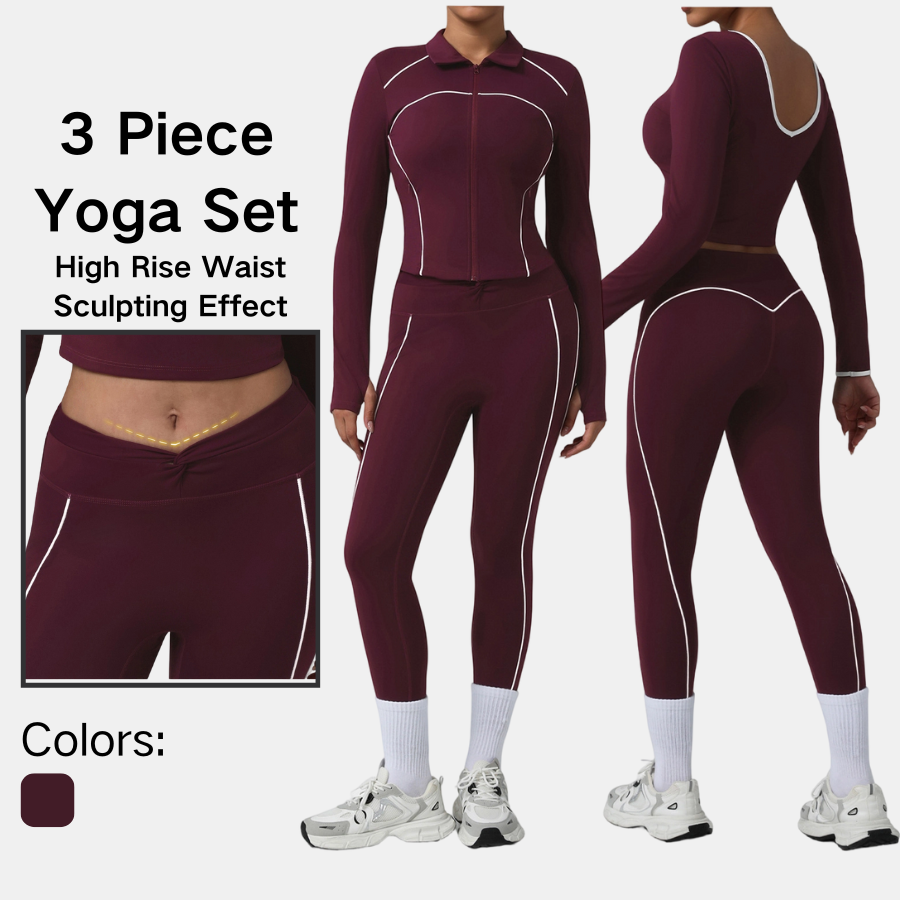 Womens Three Piece Yoga Outfit Long Sleeve Open Back Crop Top Zip Jacket High Waist Sculpting Leggings Red Activewear Set