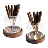 Support de Couverts en Acier Inoxydable avec Base en Bois et Verre Ambré – Organisateur Multifonctionnel pour Ustensiles de Cuisine et Spatules