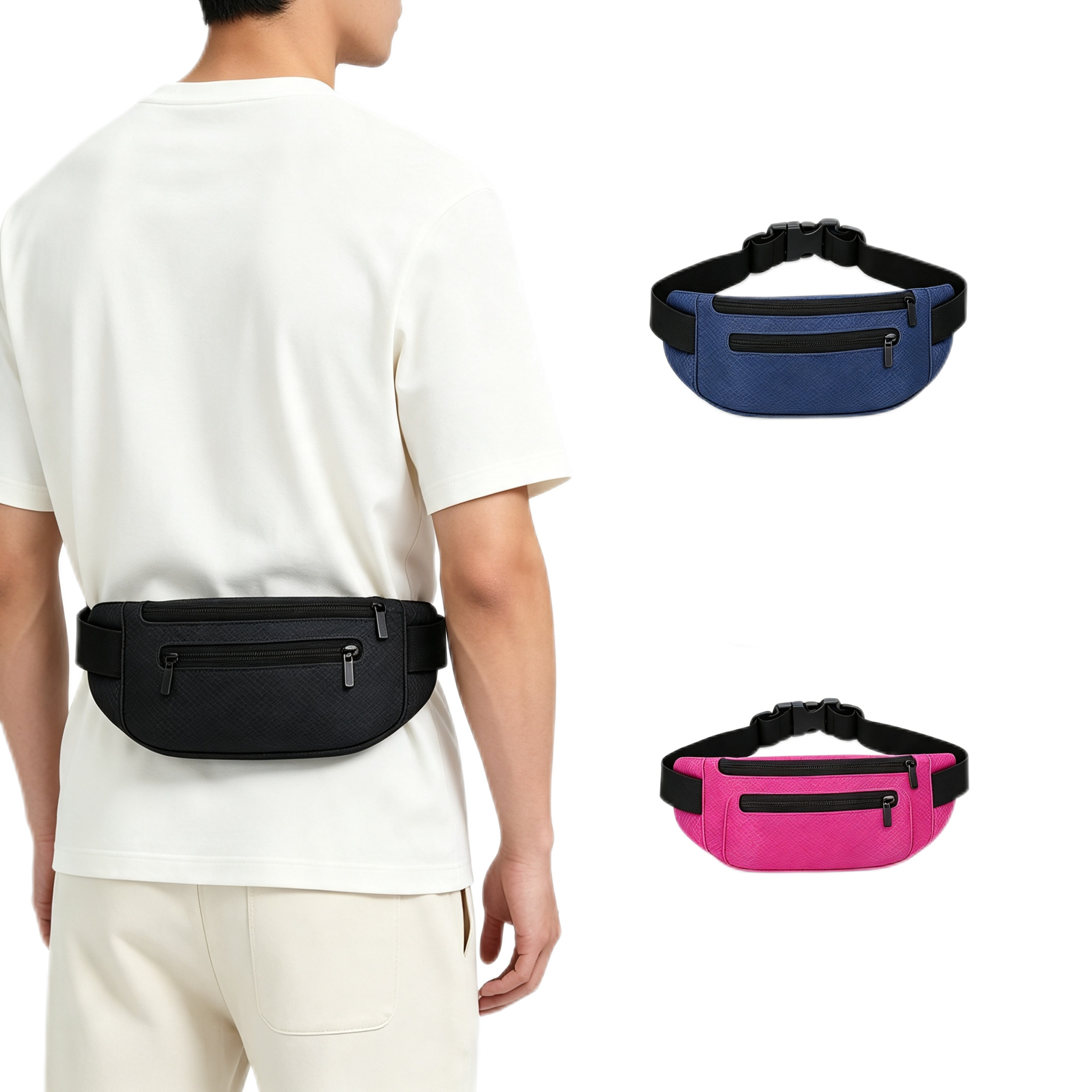 Waterproof Polyester Fanny Pack Unisex Double Zipper Pocket