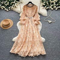 Robe longue élégante pour femme à imprimé cachemire, manches longues, coupe trapèze, col perlé, fluide et décontractée, idéale pour le quotidien et les soirées