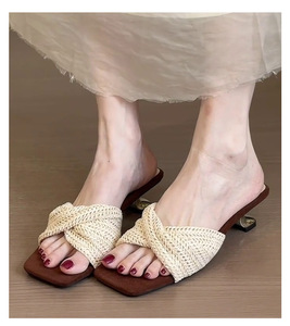 Elegant Square Toe Heeled <b>Sandals</b> With Knitted Bow Suede Upper Low Block Heel Summer Women Shoes Drop Shipping - Product Image 5
