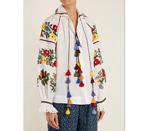 女性の花刺繍トップメキシコレディカジュアルゆったりとした衣服長いフレアスリーブ美しいタッセルエスニックスタイルブラウスSTb-0295