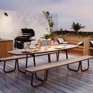 Ngoài trời nhà hàng Patio đồ nội thất gỗ tếch hình chữ nhật Dã Ngoại bảng băng ghế dự bị ngoài trời Vườn bàn ăn đặt đồ nội thất - Product Image 1