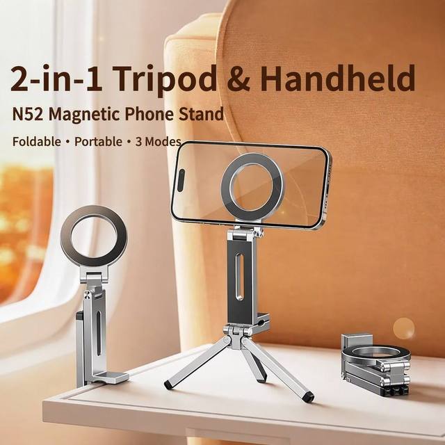 N52 Magnetic 2-in-1 Tripod Handheld Phone Stand 360° Rotating C-Clamp Aluminum Alloy 4600G Foldable for Content Studio OEM Bulk