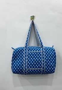 Blue Cotton Duffle Bag With White Pattern Zipper Closure Bohemian Style <b>Travel</b> Weekend <b>Holdall</b> All Seasons Use - Product Image 6