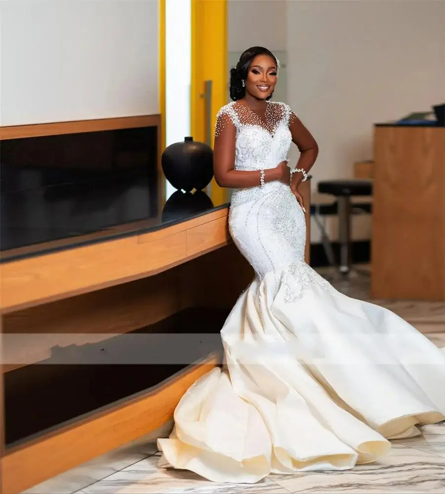 Mumuleo Scoop Neck Sparkly Beads Sequins African Mermaid Wedding Dresses  for Women Chapel Train Full Sleeves