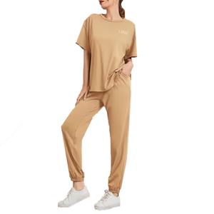 Ensemble décontracté deux pièces pour femme, style ample, pour l'été, vêtements de sport, t-shirt et pantalon à motif uni, ensemble de loisirs teint uni - Product Image 4