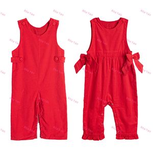 Barboteuse rouge personnalisée en velours côtelé pour bébé garçon, vêtements longs en coton uni pour <span class=keywords><strong>petite</strong></span> fille, combinaison avec nœud latéral pour bébé, 2025 - Product Image 1