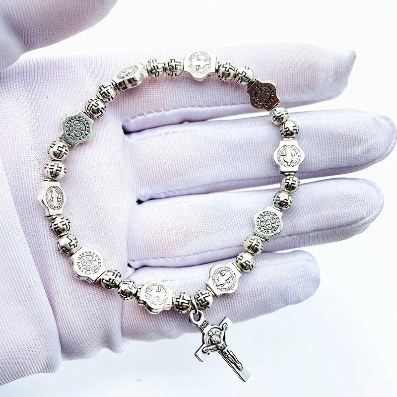 Mode China Xinglan Heißer verkauf verschiedene farben religiöse 6mm kreuz St Benedict metall legierung katholischen rosenkranz perlen, Armband